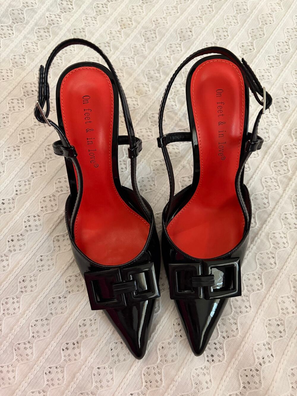 On Feet & In Love Black Patent Slingback High Heels Size 37 New 6.5 7